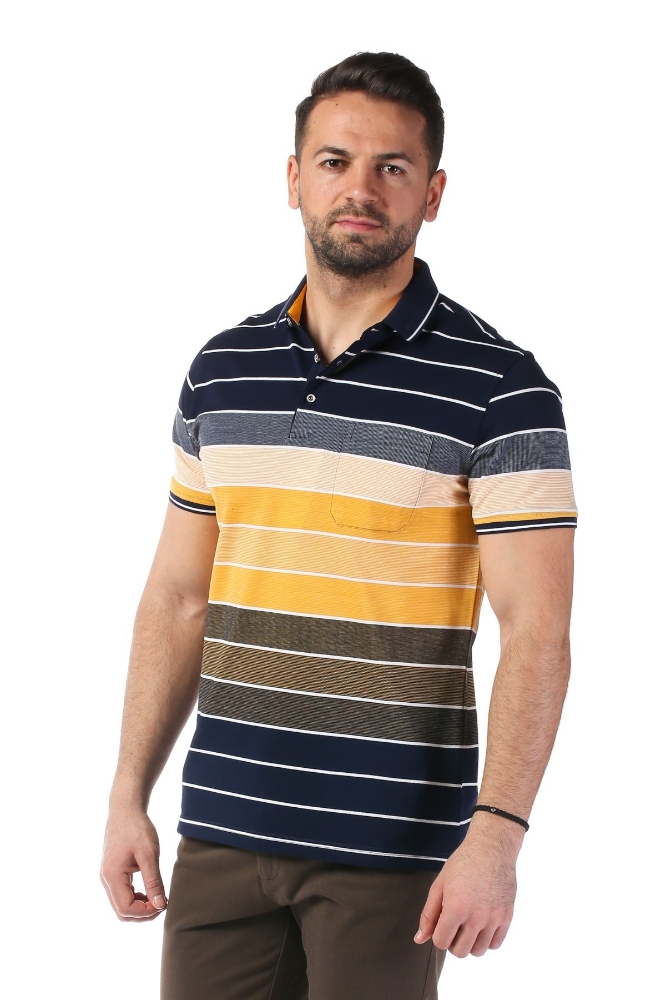 Imagine Tricou bleumarin cu dungi albe si galbene 3321-2