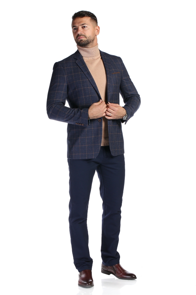Sacou slim albastru in carouri C702970-8 F2