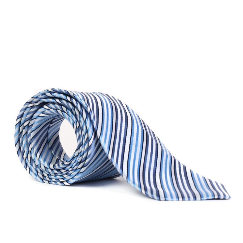 Cravata alba cu dungi albastre si bleu