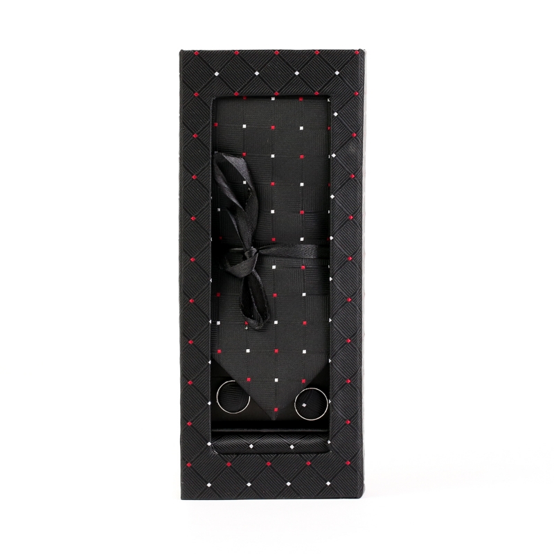 Set butoni, cravata si batista negru cu puncte albe si rosii F1