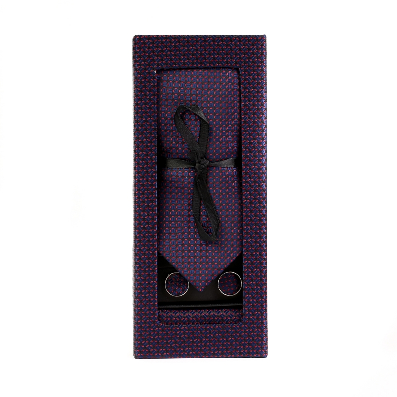 Set butoni, cravata si batista negru cu model bleumarin si rosu F1