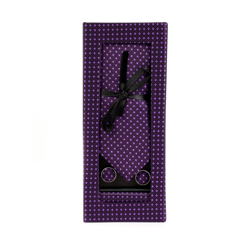 Set butoni, cravata si batista negru cu buline mov F1