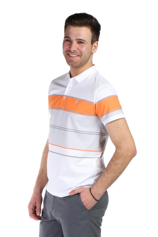 Tricou alb cu dungi portocalii si gri 1113-1 F1