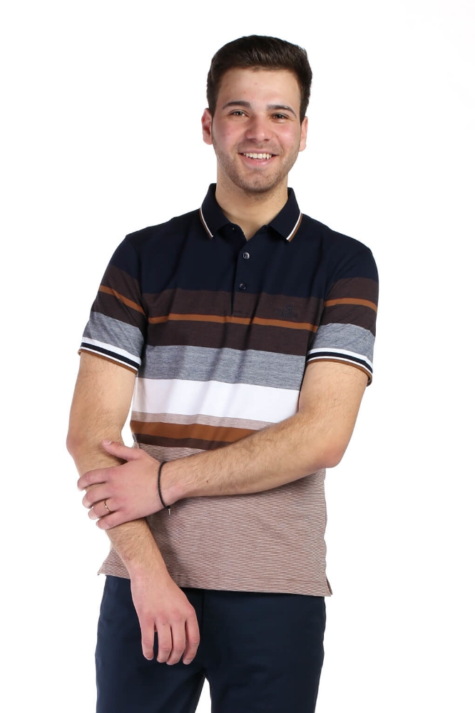 Tricou bleumarin cu dungi maro R191101 F1