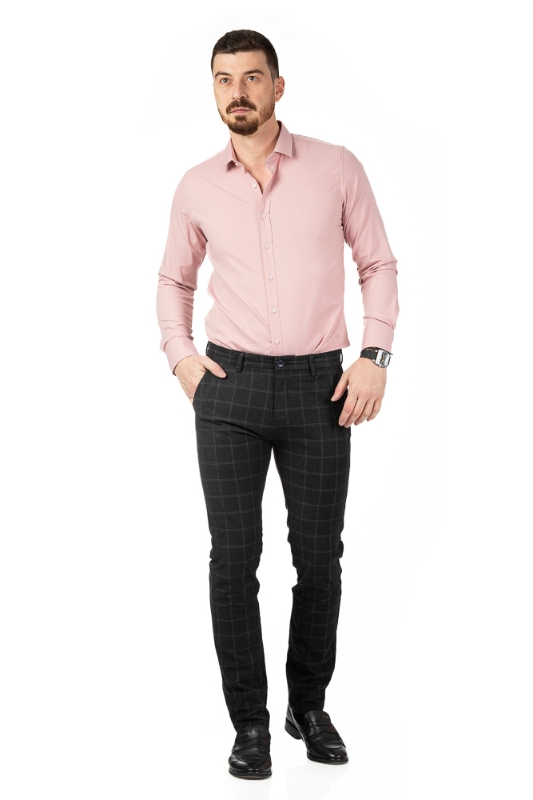 Imagine Pantaloni slim negri cu carouri S304-1