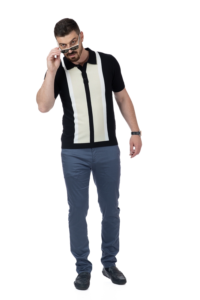 Imagine Bluza maneca scurta 1120-1 neagra cu dungi albe si bej