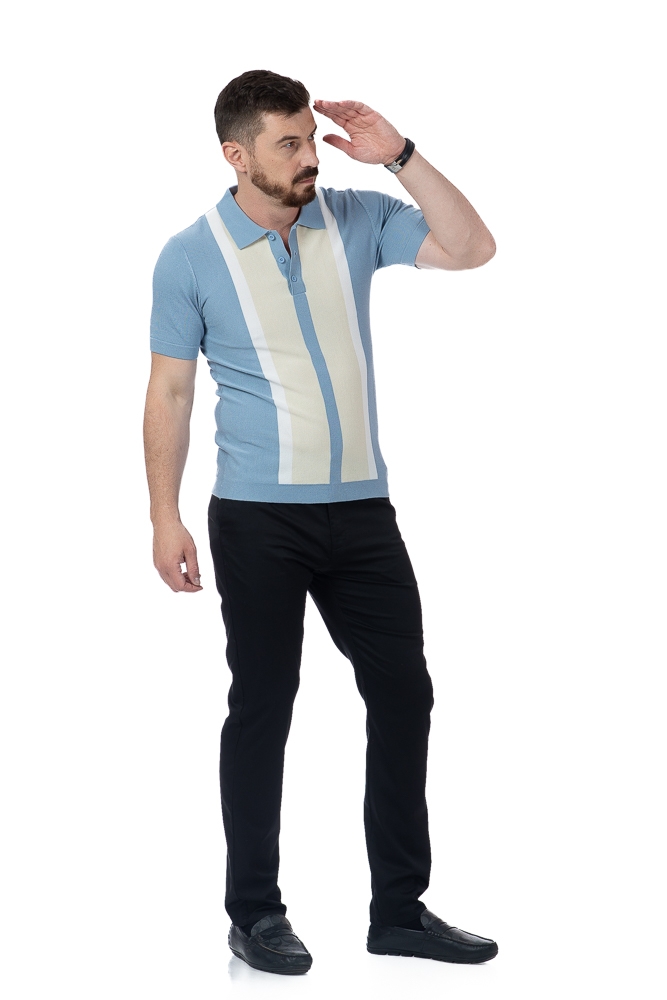 Imagine Bluza maneca scurta 1120-2 bleu cu dungi albe si bej
