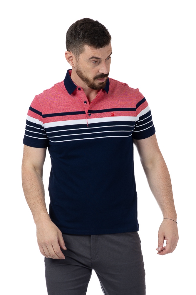 Imagine Tricou bleumarin cu dungi albe si roz G001-2