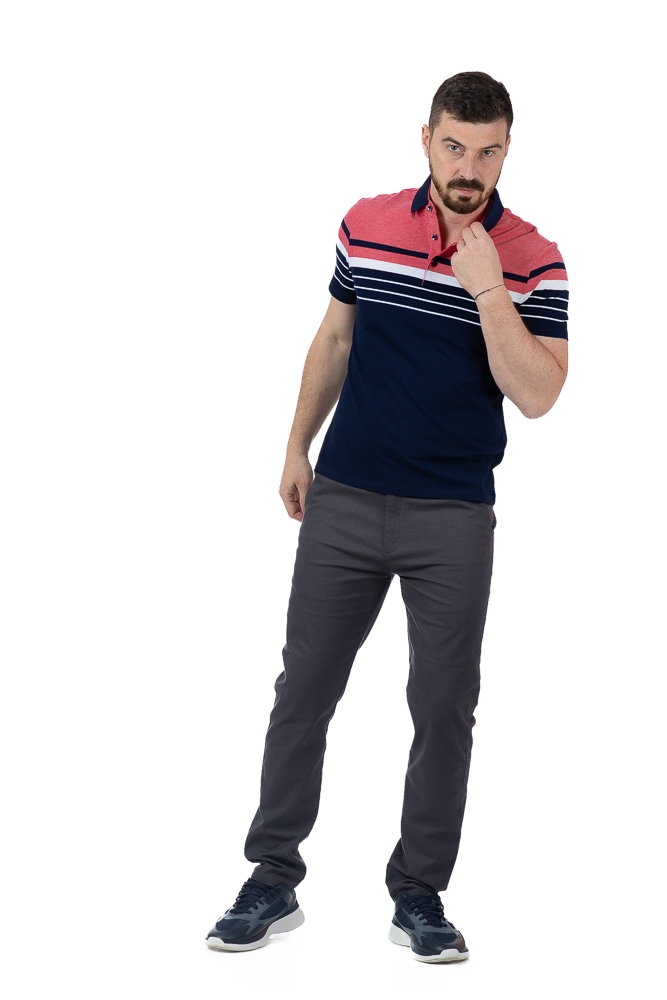 Imagine Tricou bleumarin cu dungi albe si roz G001-2