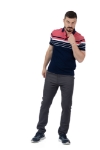 Imagine Tricou bleumarin cu dungi albe si roz G001-2