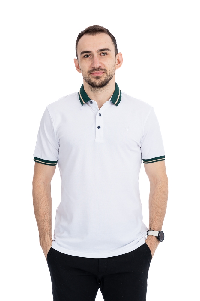 Imagine Tricou alb cu guler verde 23913-1
