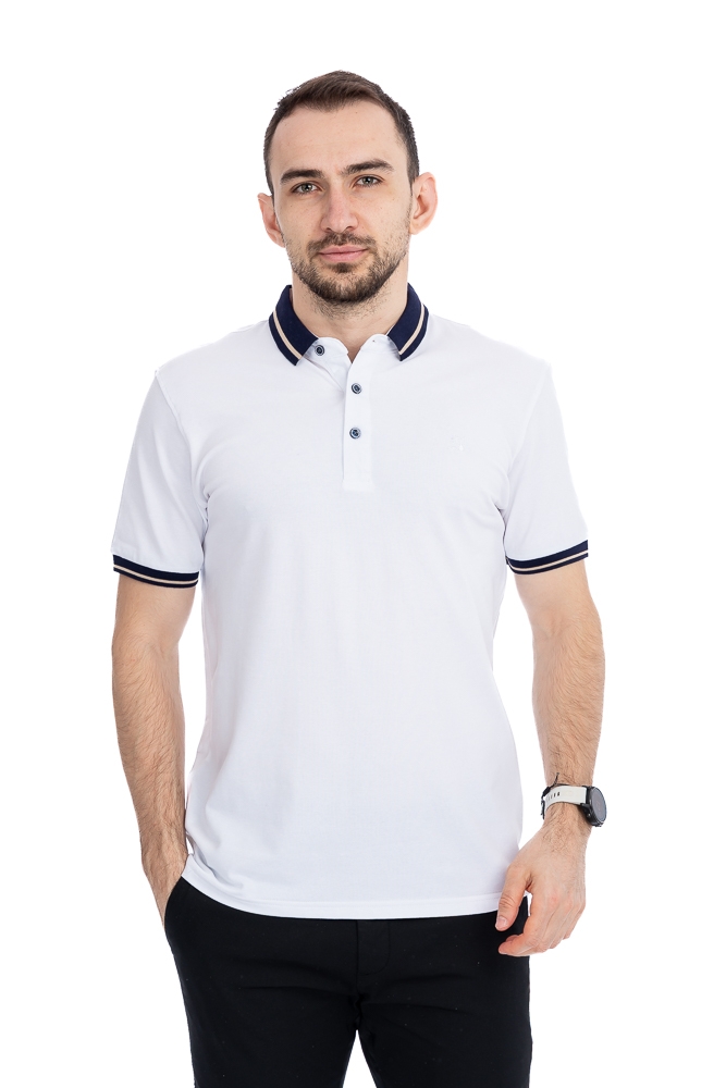 Imagine Tricou alb cu guler bleumarin 23913-3