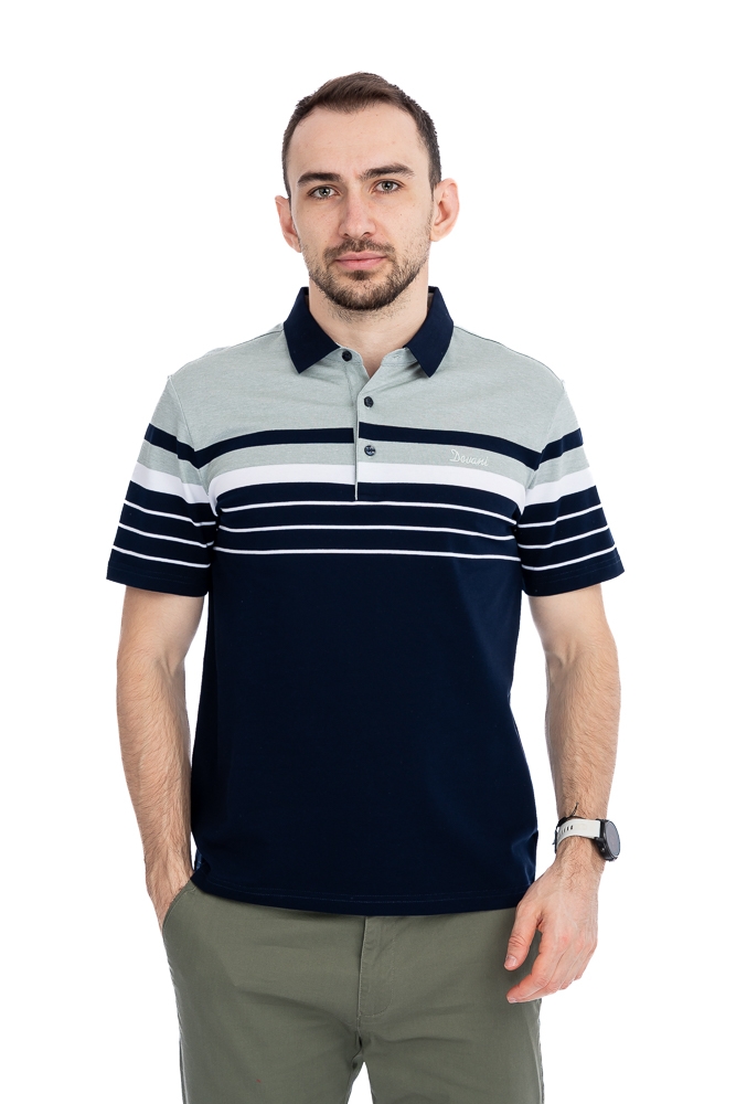 Imagine Tricou bleumarin cu dungi verde lichen si albe WJ001S