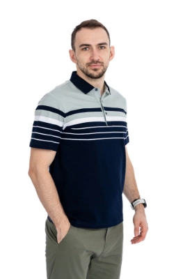 Imagine Tricou bleumarin cu dungi verde lichen si albe WJ001S