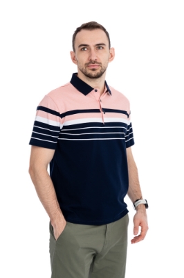 Imagine Tricou bleumarin cu dungi roz somon si albe WJ001S