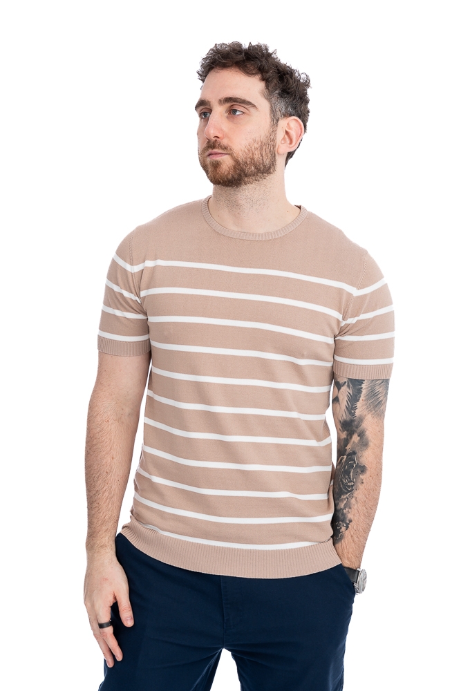 Imagine Bluza maneca scurta bej cu dungi albe 1124-1