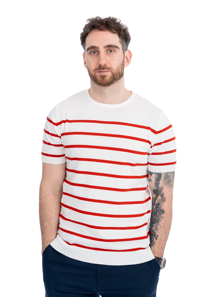 Imagine Bluza maneca scurta alba cu dungi caramizii 1124-3
