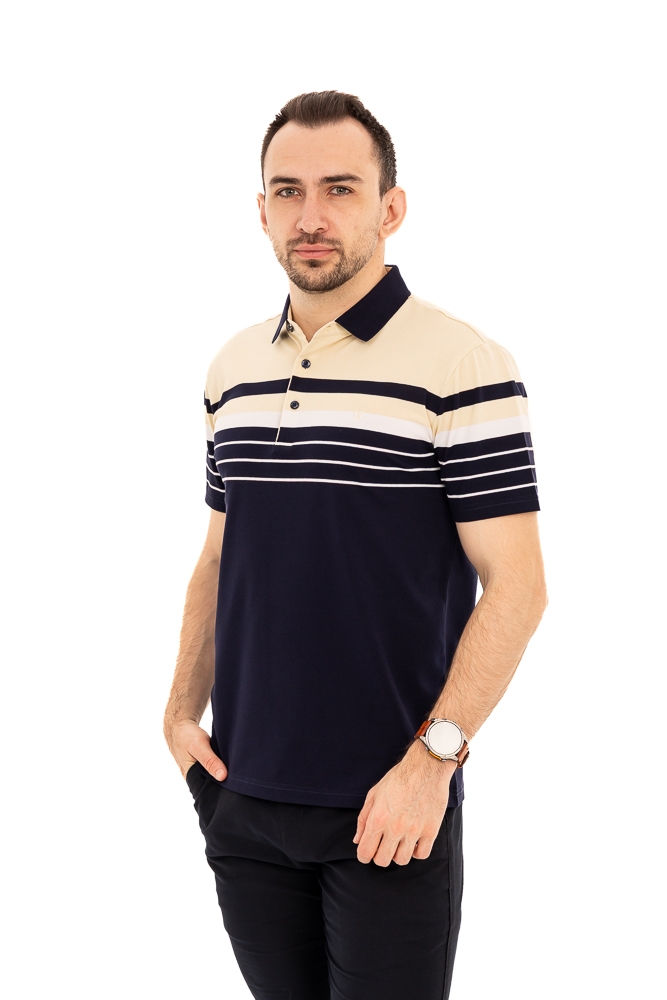 Imagine Tricou bleumarin cu dungi albe si galben pal WJ001S L. GREEN